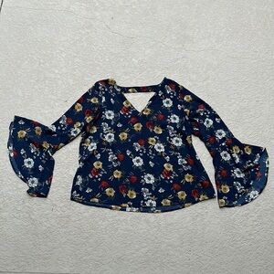Krazy Kat Top Shirt Blouse Blue Floral Bell Sleeves Size XL